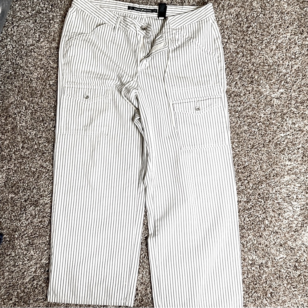 DKNY Cropped Striped Pants, off-white & gray, size 14, EUC